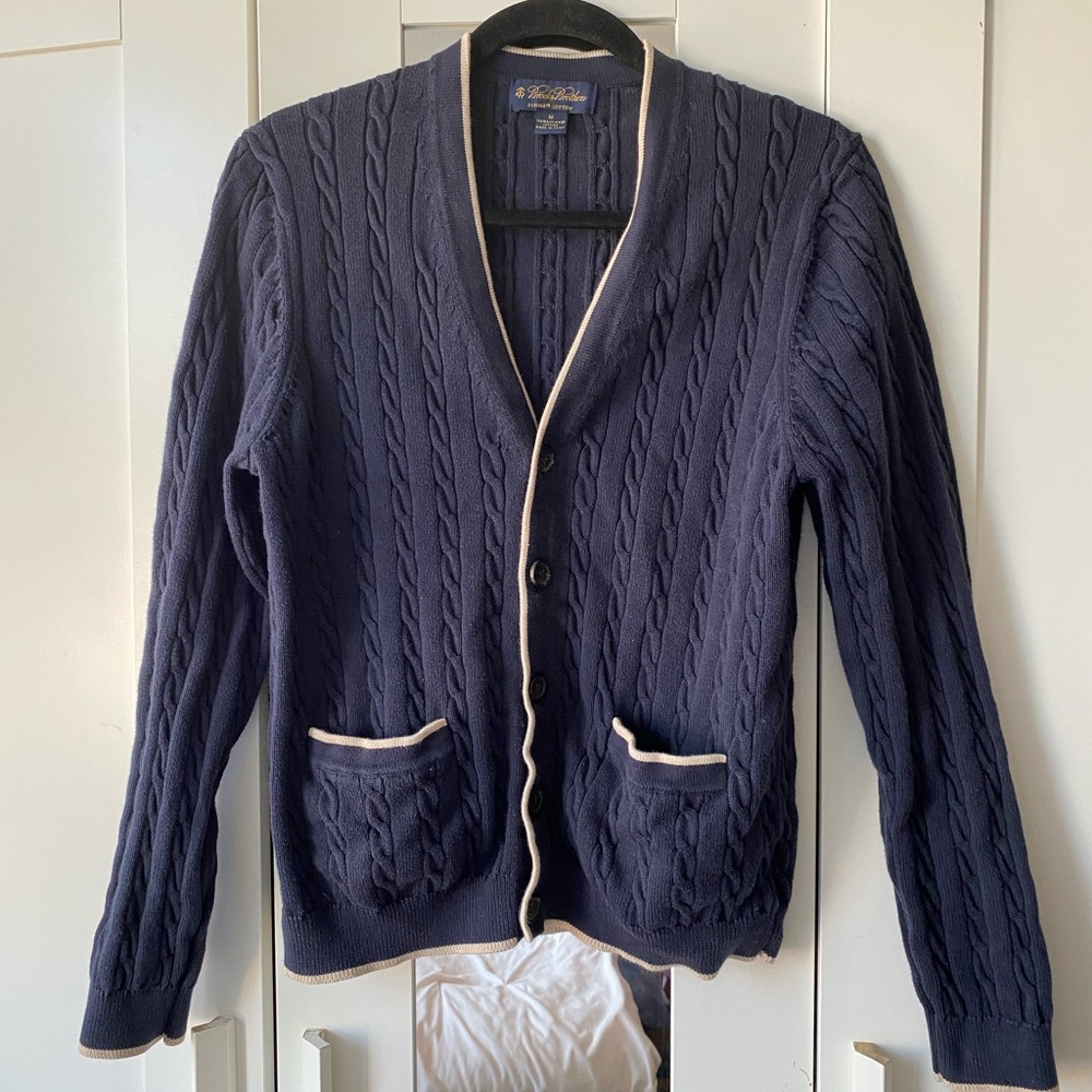 Brooks Brothers Supima Cotton Cable Knit Cardigan Navy M Contrast Trim